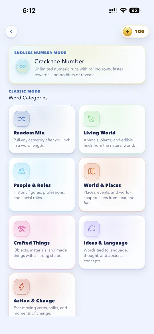 Word Guess Blitz category selection screen