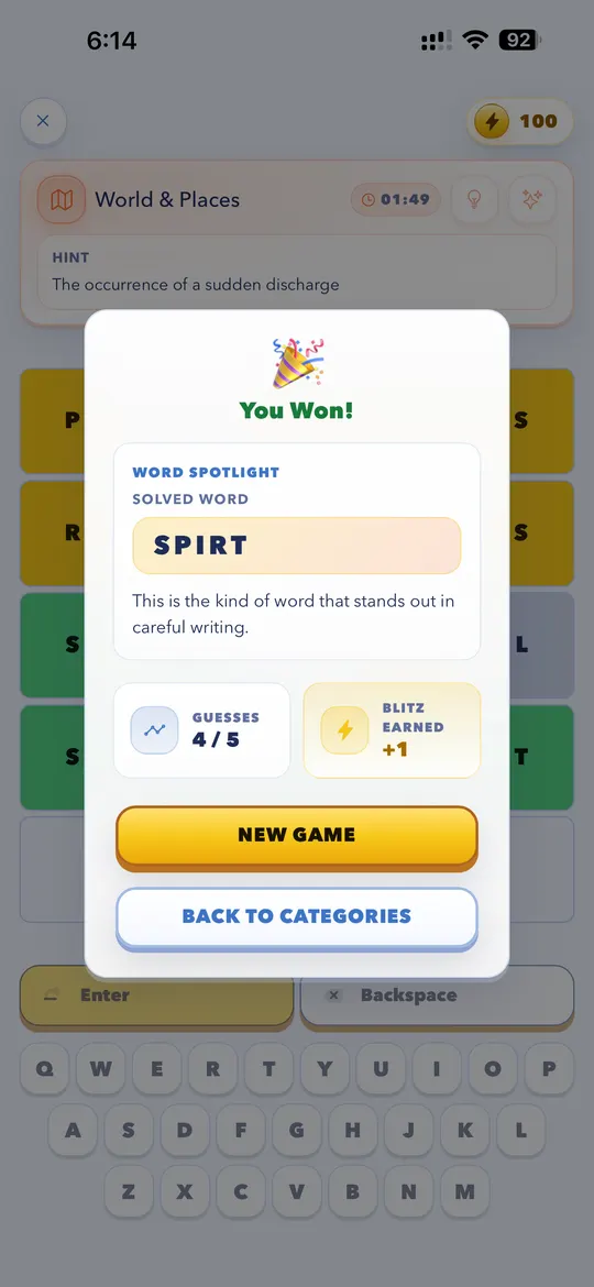 Word Guess Blitz round summary screen